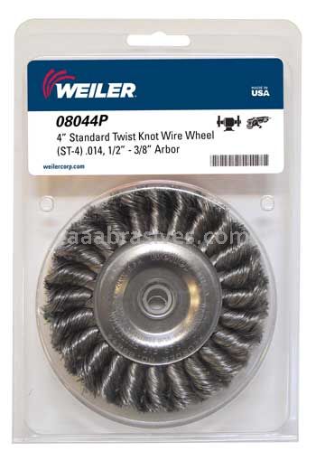 Weiler 08044P 4" Standard Twist Knot Wire Wheel .014" Steel Fill 1/2"-3/8" Arbor Hole Retail Pack