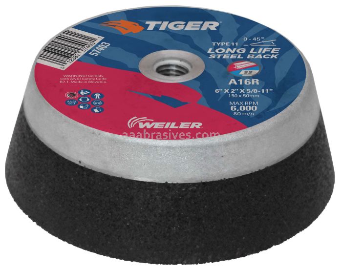 Weiler 57403 6" x 2" TIGER AO Type 11 Cup Rock with Steel Back, A16R, 5/8"-11 Nut 6804 22 1000