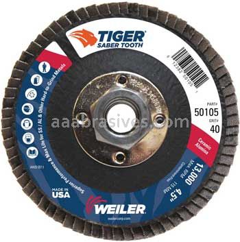 Weiler 50105 4-1/2" Tiger Ceramic Abrasive Flap Disc Conical Type 29 Phenolic Back