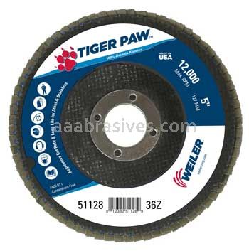 Weiler 51128 5" Tiger Paw Abrasive Flap Disc Conical Type 29 Phenolic Backing 36 Z 7/8" Arbor Hole