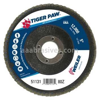 Weiler 51131 5" Tiger Paw Abrasive Flap Disc Conical Type 29 Phenolic Backing 80 Z 7/8" Arbor Hole