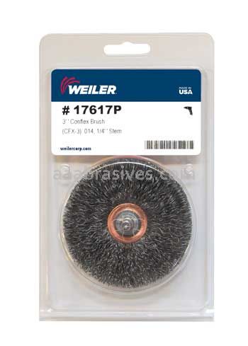 Weiler 17617P 3" Stem-Mounted Crimped Wire Wheel .014" Steel Fill 1/4" Stem Retail Pack