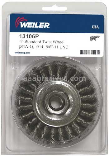 Weiler 13106P Standard Twist Knot Wire Wheel 4" .014" Steel Fill 5/8"-11 UNC Nut Retail Pack