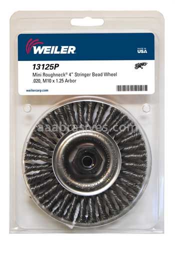 Weiler 13125P Mini Roughneck 4" Stringer Bead Wire Wheel .020" Steel Fill M10x1.25 Nut Retail Pack