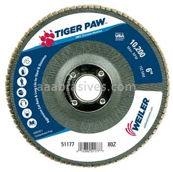 Weiler 51177 6" Tiger Paw Abrasive Flap Disc Angled Type 29 Phenolic Backing 80 Z 7/8" Arbor Hole