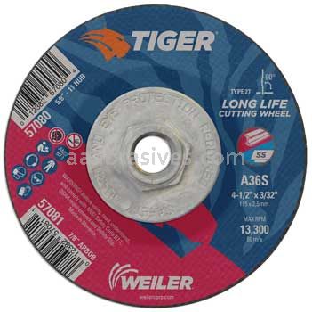 Weiler 57080 4-1/2" x 3/32" TIGER AO Type 27 Cutting Wheel A36S 5/8"-11 Nut