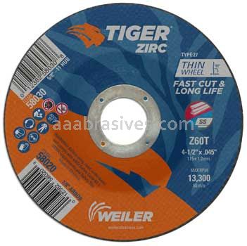 Weiler 58020 4-1/2" x .045" TIGER ZIRC Type 27 Cutting Wheel Z60T 7/8" AH