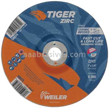 Weiler 58075 7" x 1/4" TIGER ZIRC Type 27 Grinding Wheel Z24T 7/8" AH