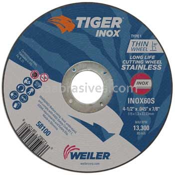 Weiler 58100 4-1/2" x .045" TIGER INOX Type 1 Cut-Off Wheel INOX60S 7/8" AH