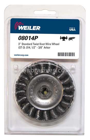 Weiler 08014P 3" Standard Twist Knot Wire Wheel .014" Steel Fill 1/2"-3/8" Arbor Hole Retail Pack