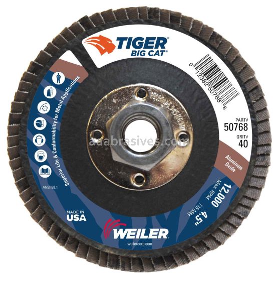 Weiler 50768 - 4-1/2" 40AO, 5/8"-11 A.H., Big Cat Abrasive Flap Disc, Flat - 012382507688
